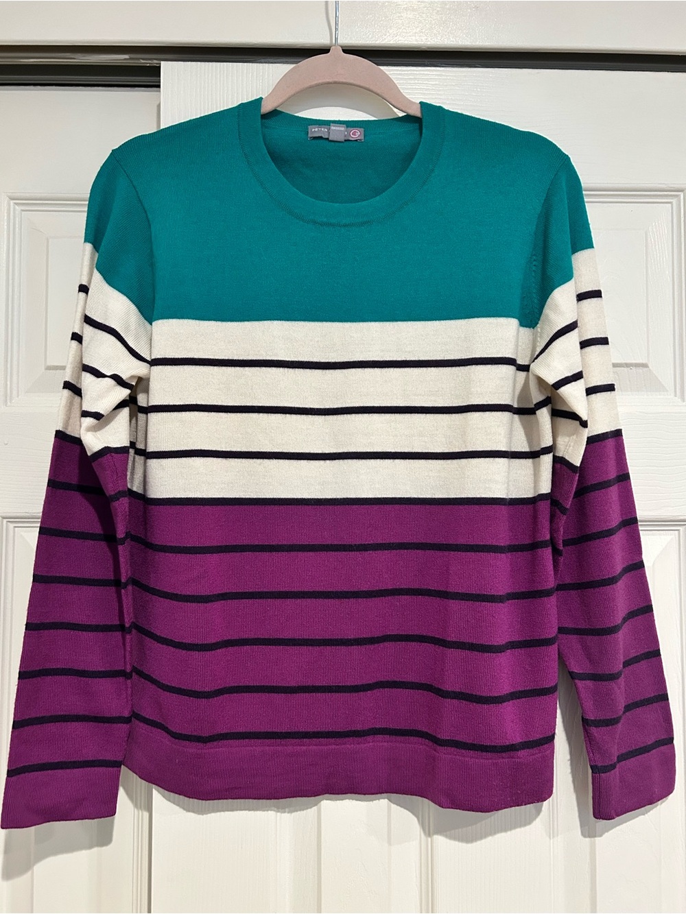 Peter Millar Striped Crewneck Sweater in Teal, Cream & Purple merino wool large